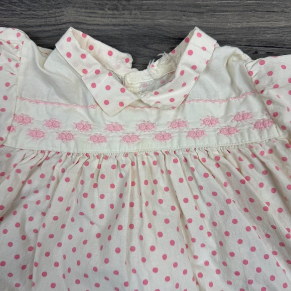 Vintage Baby Dress 3–6M Pink Polka Dot Puff Sleeve Embroidered 70s 80s Heirloom - Picture 2 of 10